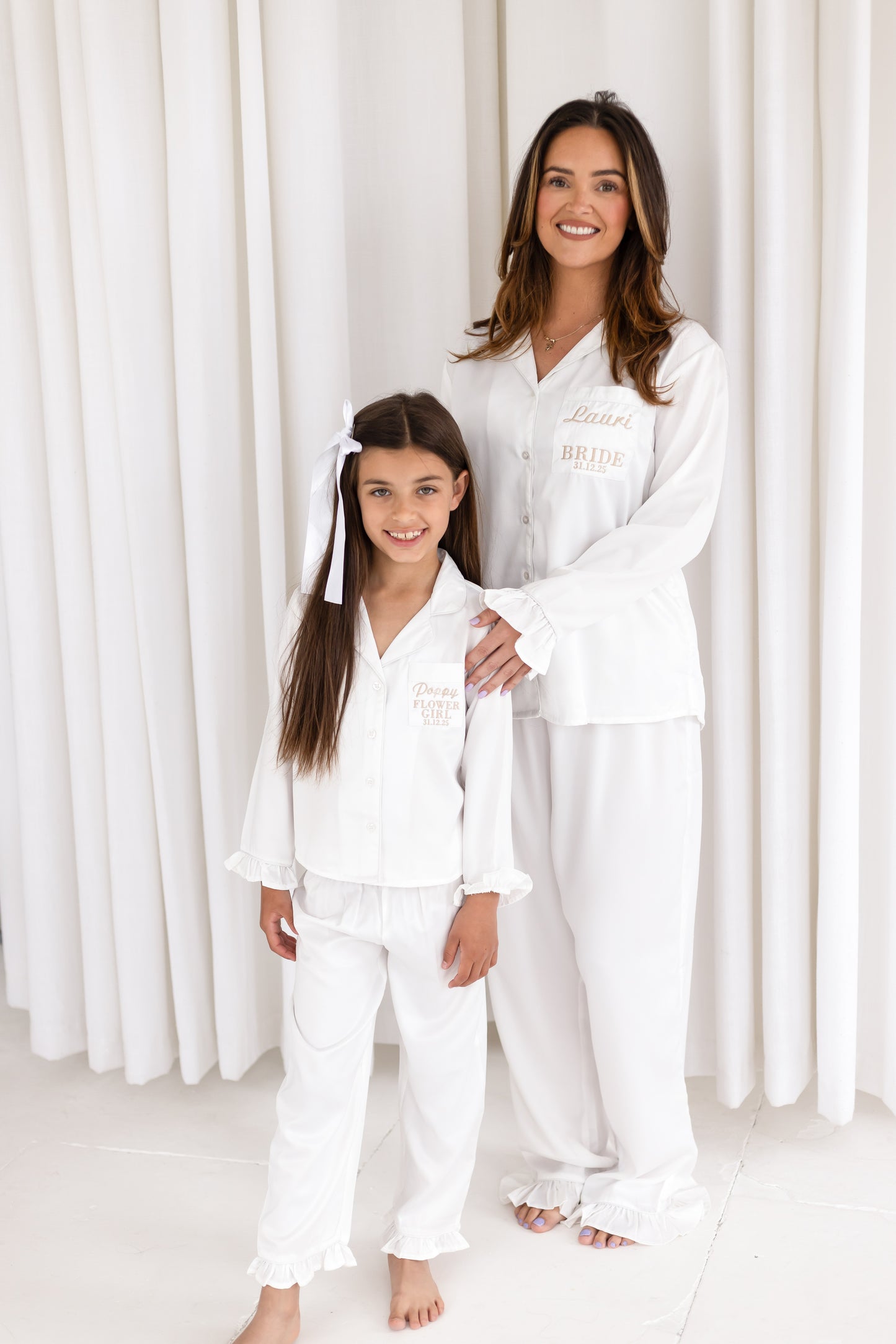 Child's embroidered 'Flower Girl/Bridesmaid' matt satin button through pyjamas
