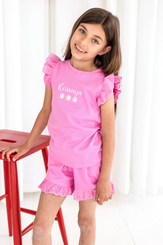 Personalised embroidered daisy lace trim t shirt and short set