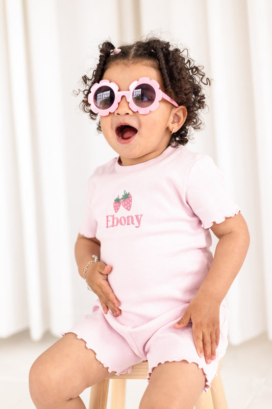 Personalised embroidered strawberry summer ribbed t shirt and short set