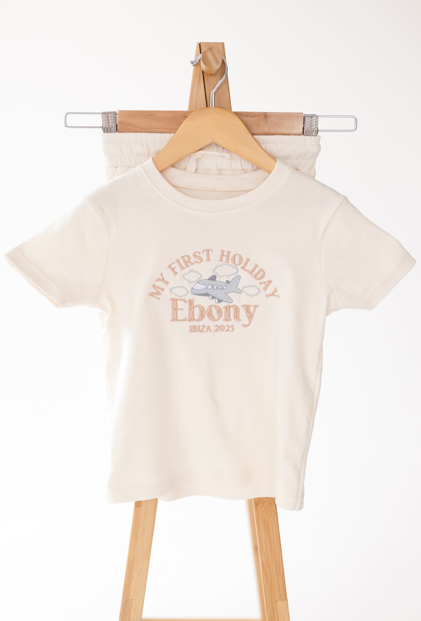 Personalised embroidered 'First Holiday' T Shirt and Short Set