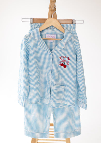 Personalised embroidered blue gingham cherry pyjamas