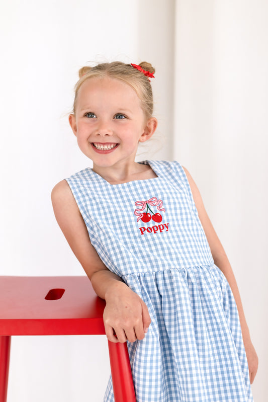 Personalised embroidered blue gingham cherry smock dress