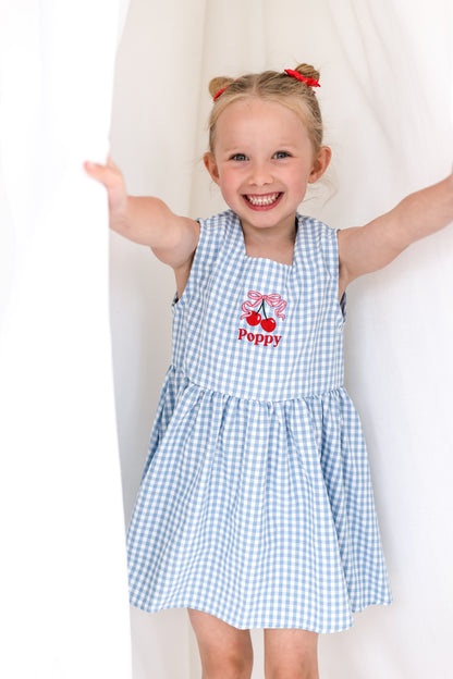 Personalised embroidered blue gingham cherry smock dress
