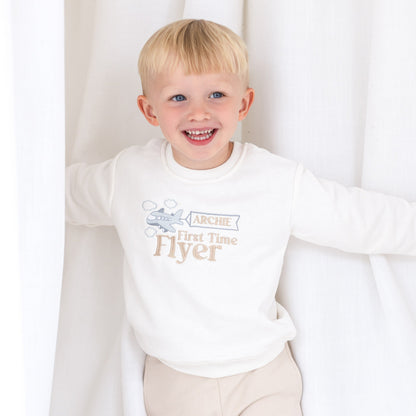 'First time/ Mini Flyer' personalised name aeroplane embroidered holiday sweatshirt