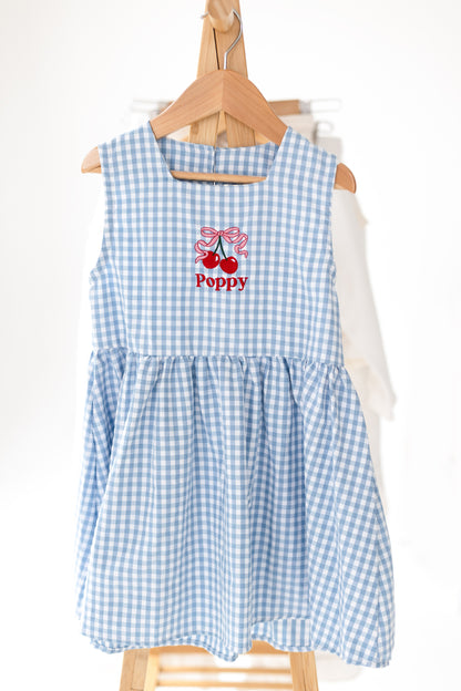 Personalised embroidered blue gingham cherry smock dress