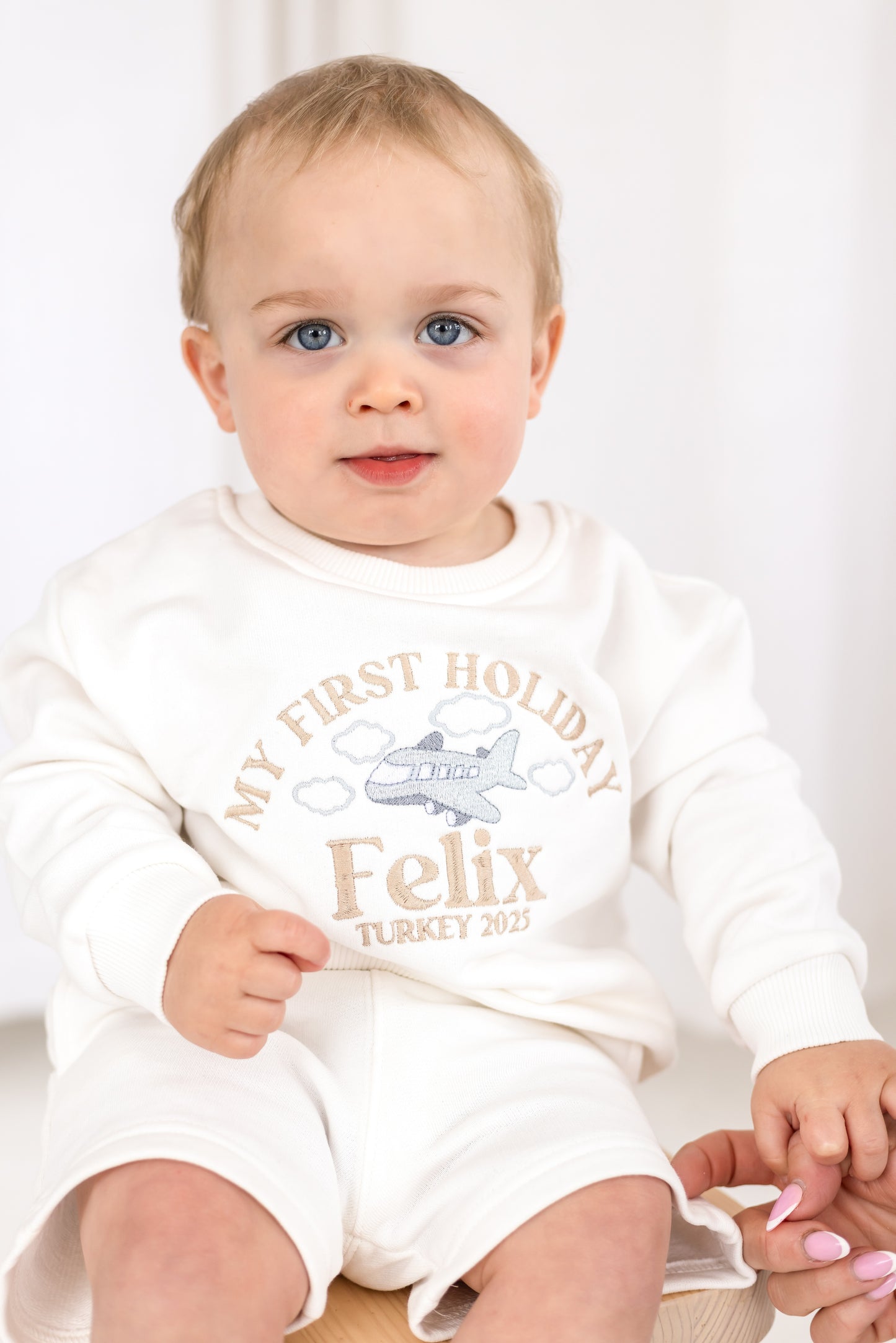 'My First Holiday 26' personalised name aeroplane embroidered holiday sweatshirt