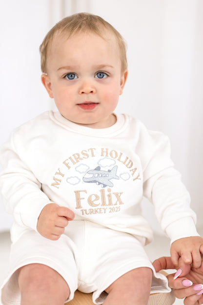 'My First Holiday 26' personalised name aeroplane embroidered holiday sweatshirt