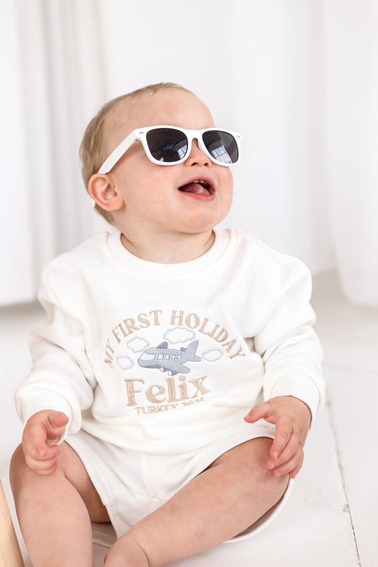 'My First Holiday 26' personalised name aeroplane embroidered holiday sweatshirt