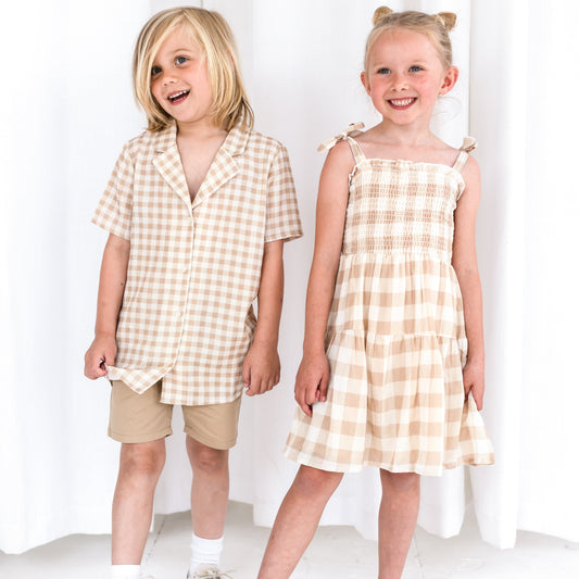 Boy's gingham mini me matching woven shirt