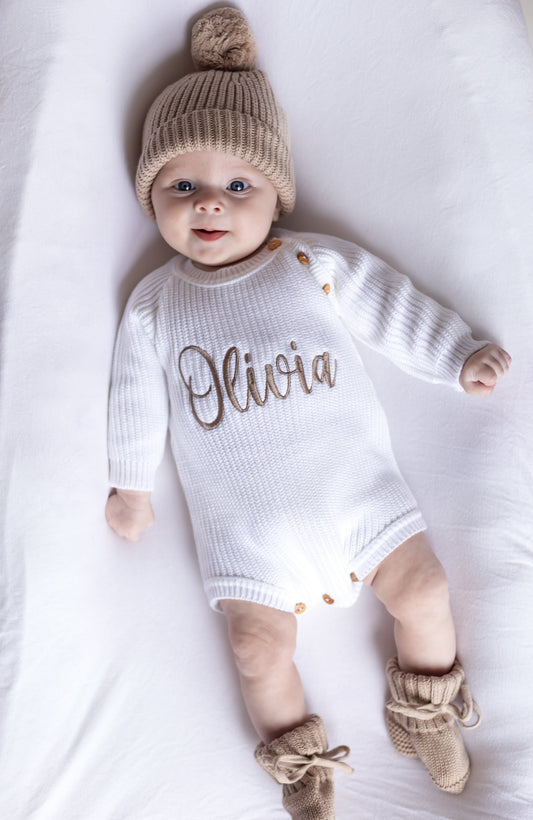 White Personalised Embroidered Long Sleeve Romper