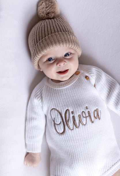 White Personalised Embroidered Long Sleeve Romper