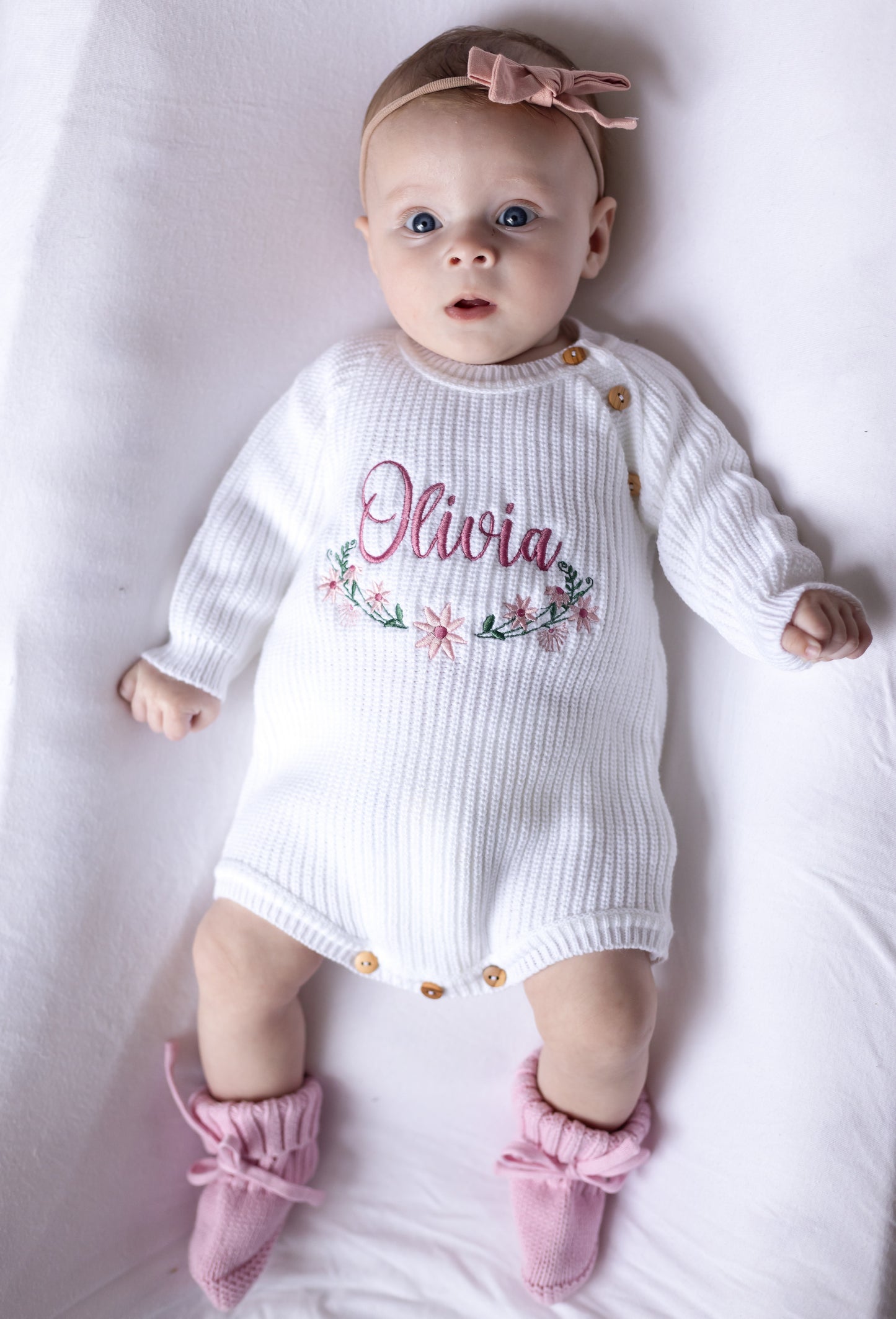 White Personalised Floral Embroidered Long Sleeve Romper