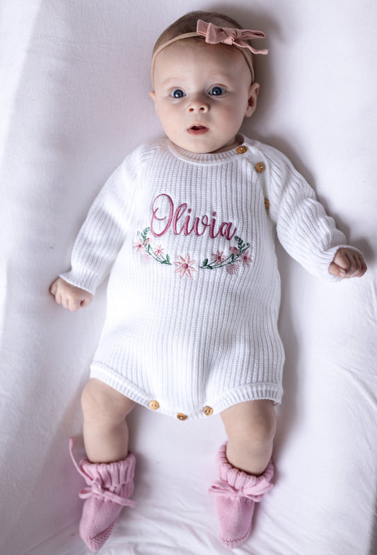 White Personalised Floral Embroidered Long Sleeve Romper