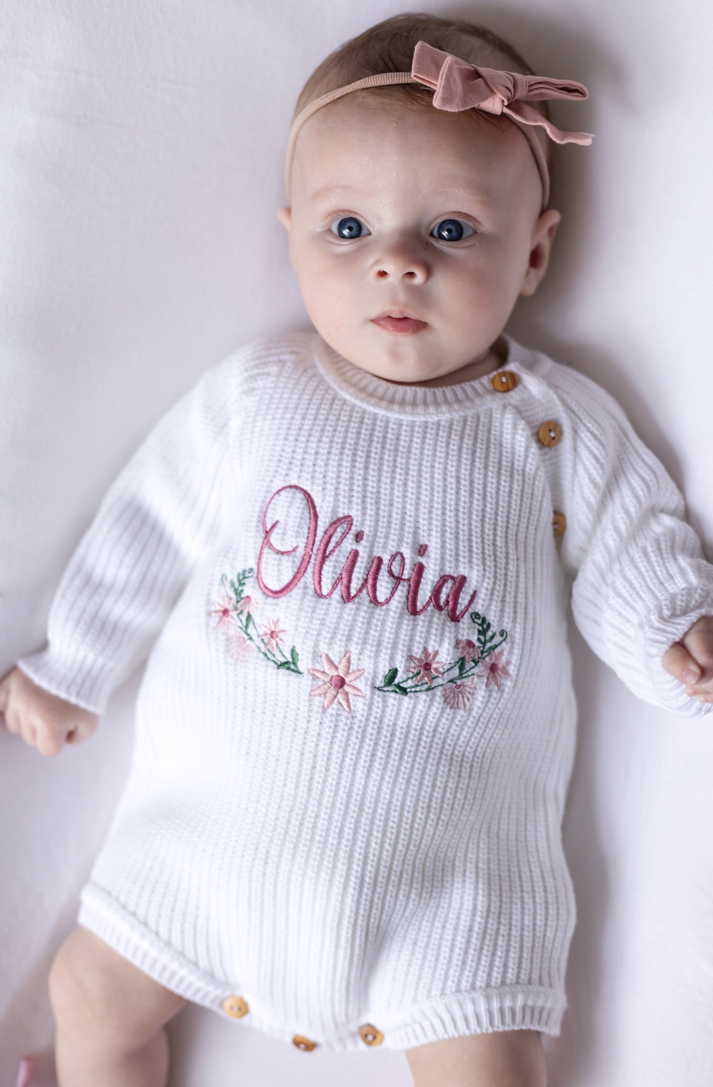 White Personalised Floral Embroidered Long Sleeve Romper