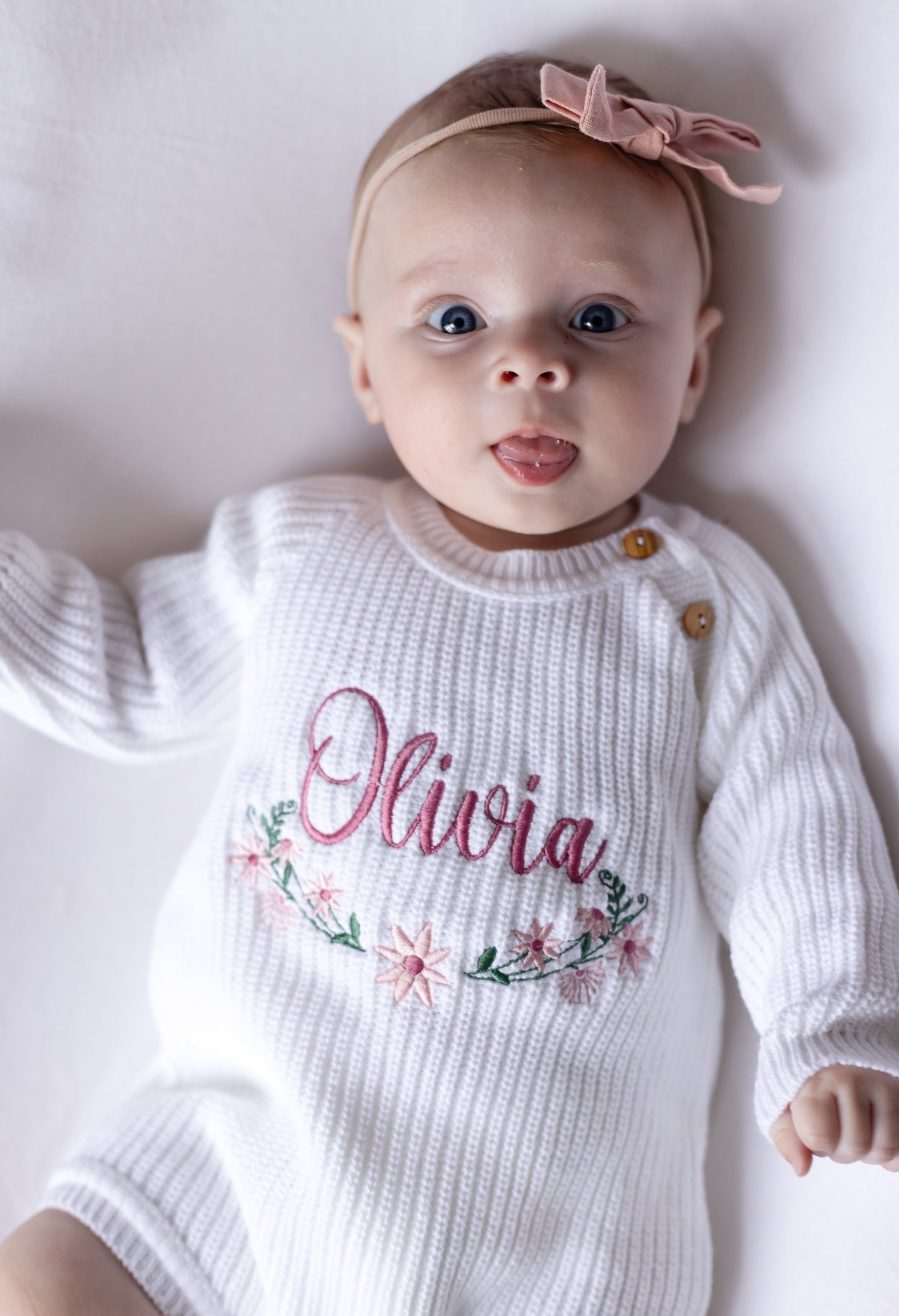 White Personalised Floral Embroidered Long Sleeve Romper
