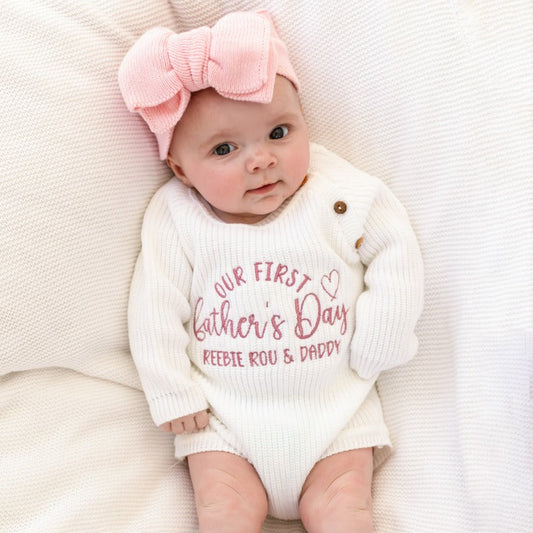 'Our First Father's Day Embroidered Personalised Knitted Romper