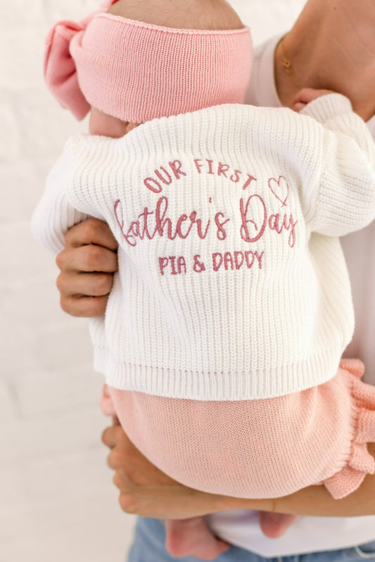 'Our First Father's Day' Embroidered Personalised Baby Cardigan