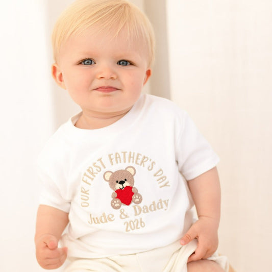 Personalised Embroidered Bear Heart 'Our First Father's Day 2026' t shirt