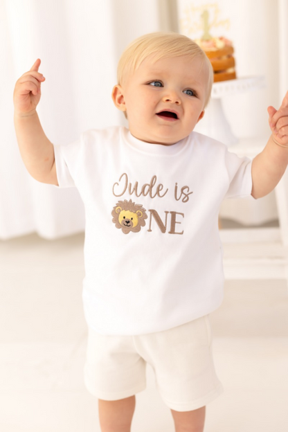 Lion Embroidered Personalised First Birthday T shirt