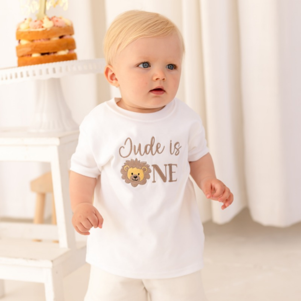 Lion Embroidered Personalised First Birthday T shirt