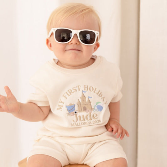 Personalised embroidered 'My First Holiday' Beach T Shirt and Short Set
