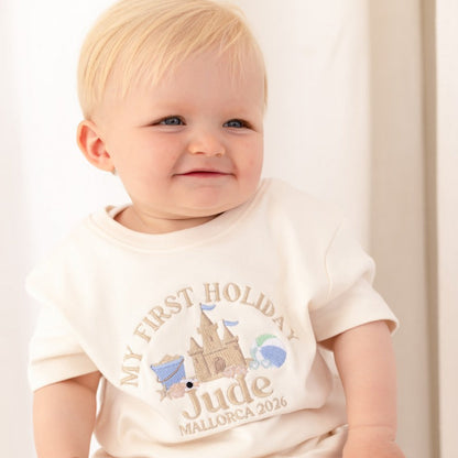 Personalised embroidered 'My First Holiday' Beach T Shirt and Short Set