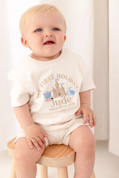 Personalised embroidered 'My First Holiday' Beach T Shirt and Short Set