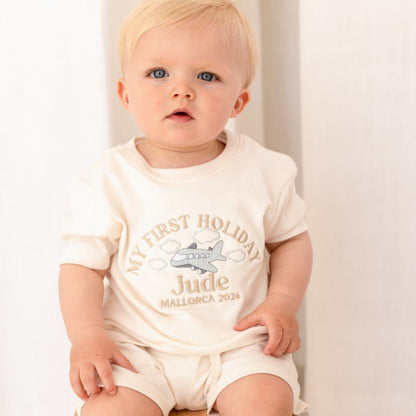 Personalised embroidered 'My First Holiday' T Shirt and Short Set