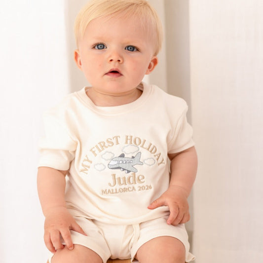 Personalised embroidered 'My First Holiday' T Shirt and Short Set
