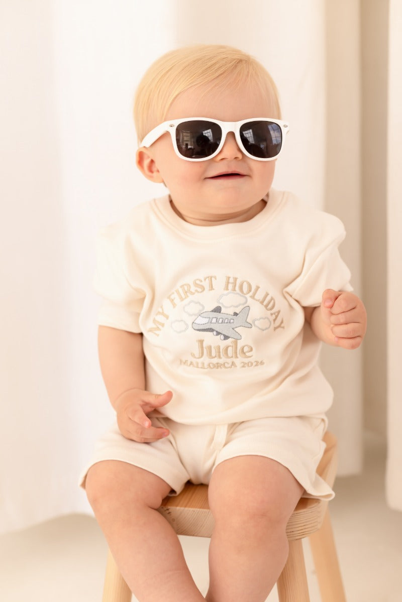 Personalised embroidered 'My First Holiday' T Shirt and Short Set