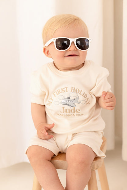 Personalised embroidered 'My First Holiday' T Shirt and Short Set