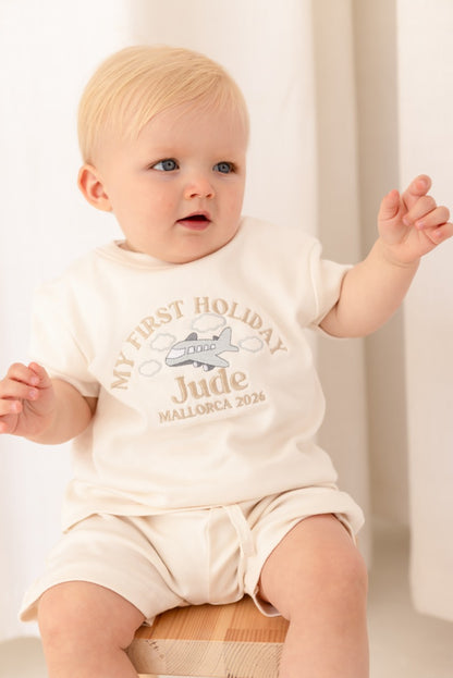 Personalised embroidered 'My First Holiday' T Shirt and Short Set