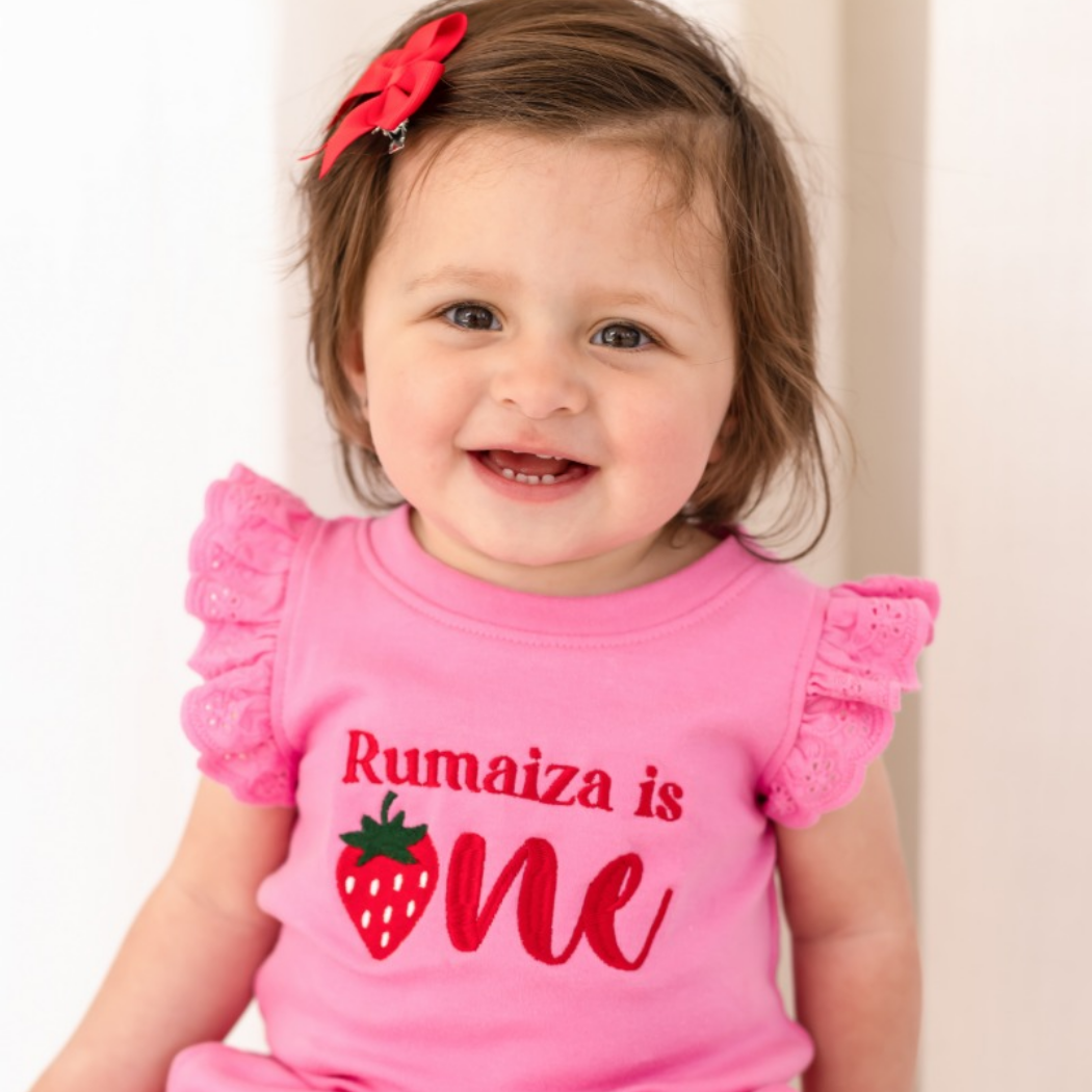 Personalised embroidered strawberry first birthday lace trim t shirt and short set