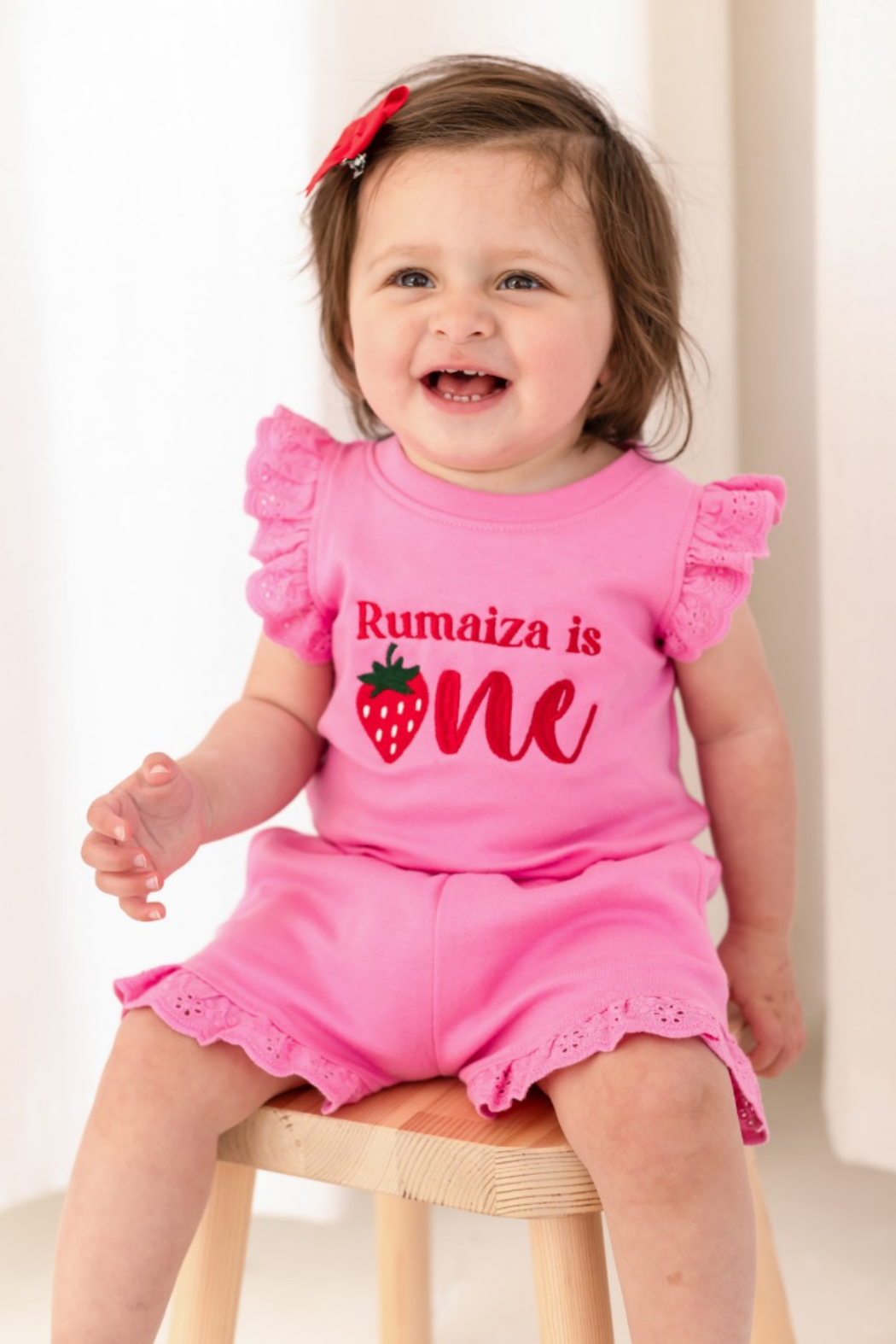 Personalised embroidered strawberry first birthday lace trim t shirt and short set