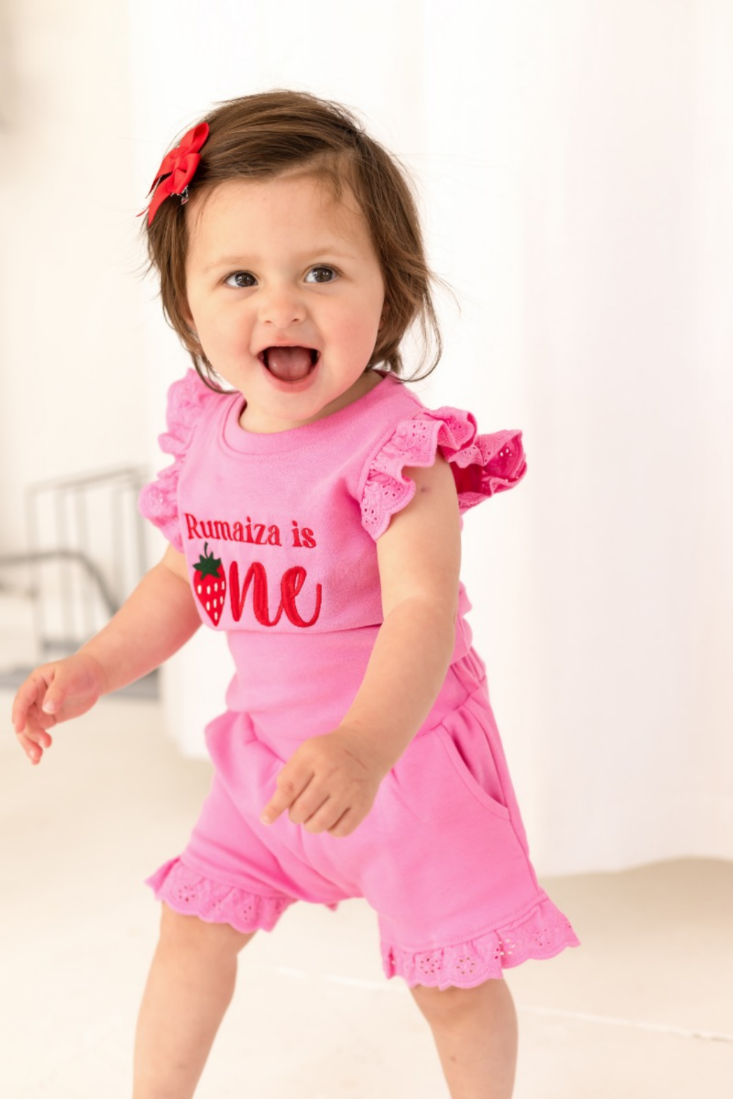 Personalised embroidered strawberry first birthday lace trim t shirt and short set