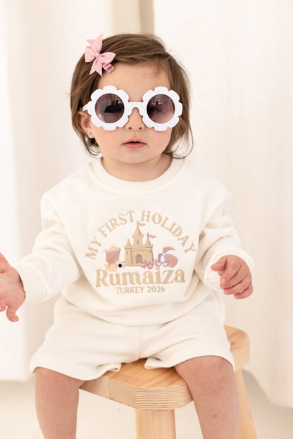 'My First Holiday 26' personalised name beach embroidered holiday sweatshirt