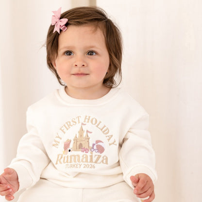 'My First Holiday 26' personalised name beach embroidered holiday sweatshirt
