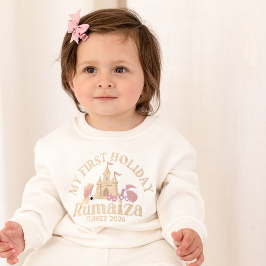 'My First Holiday 26' personalised name beach embroidered holiday sweatshirt