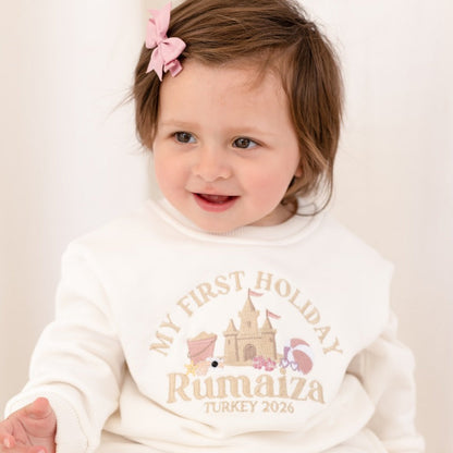 'My First Holiday 26' personalised name beach embroidered holiday sweatshirt