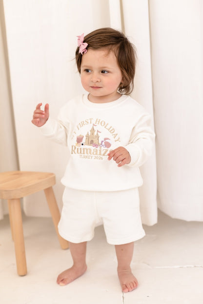 'My First Holiday 26' personalised name beach embroidered holiday sweatshirt