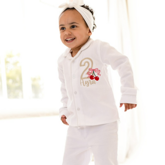 Cherry Birthday Personalised Embroidered Pyjamas - Available in a Choice of Ages