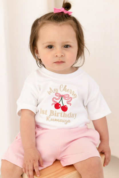 'My Cherry First Birthday' Personalised Embroidered T shirt
