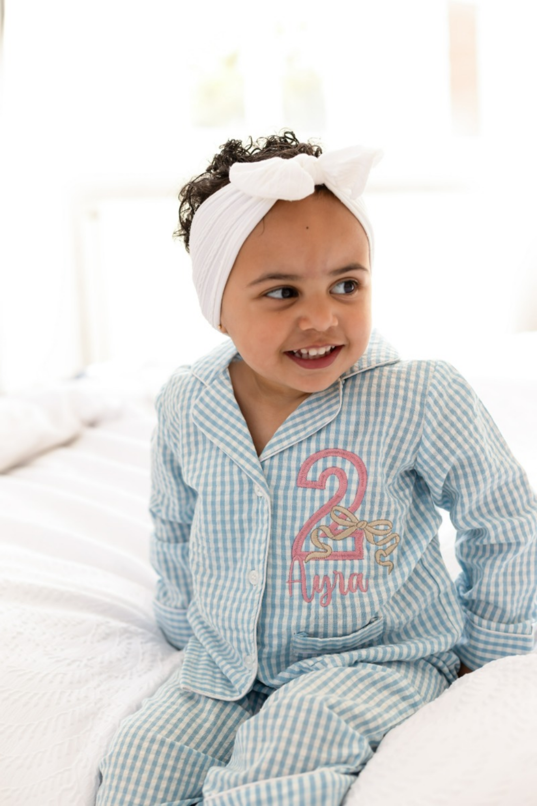 Birthday Gingham Personalised Embroidered Bow Pyjamas - Available In a Choice of Ages