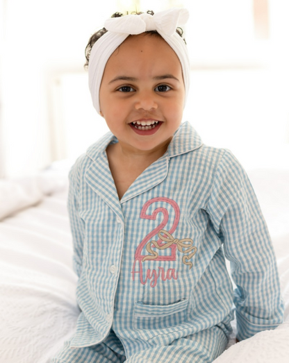 Birthday Gingham Personalised Embroidered Bow Pyjamas - Available In a Choice of Ages