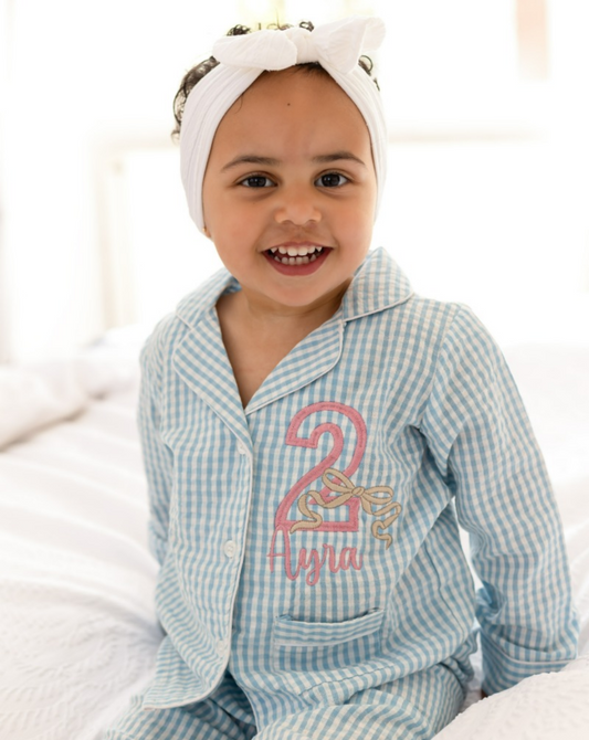 Birthday Gingham Personalised Embroidered Bow Pyjamas - Available In a Choice of Ages