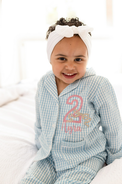 Birthday Gingham Personalised Embroidered Bow Pyjamas - Available In a Choice of Ages