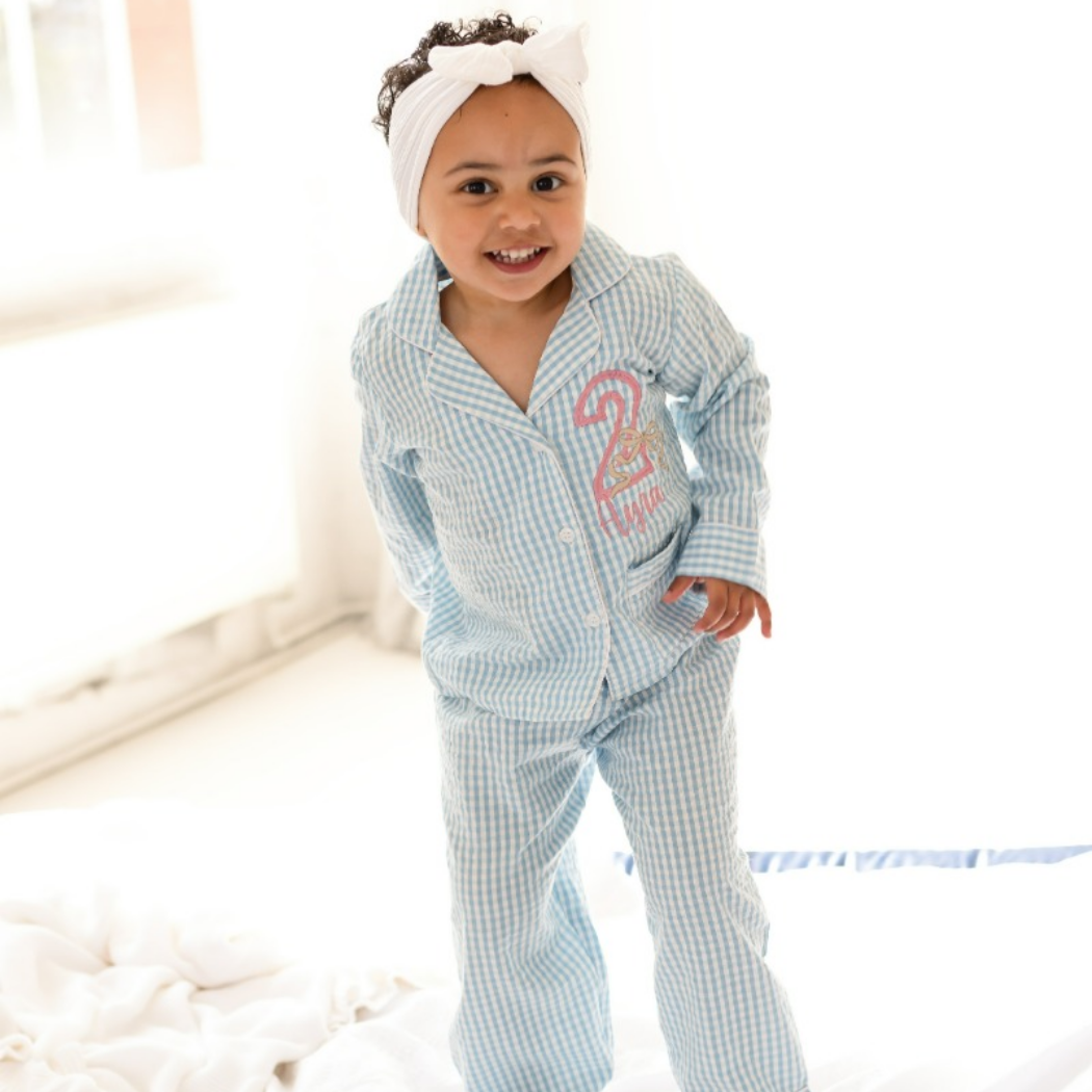 Birthday Gingham Personalised Embroidered Bow Pyjamas - Available In a Choice of Ages