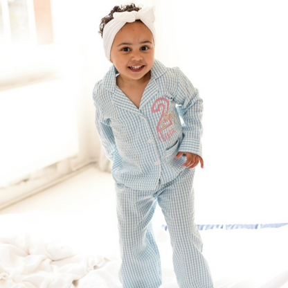 Birthday Gingham Personalised Embroidered Bow Pyjamas - Available In a Choice of Ages