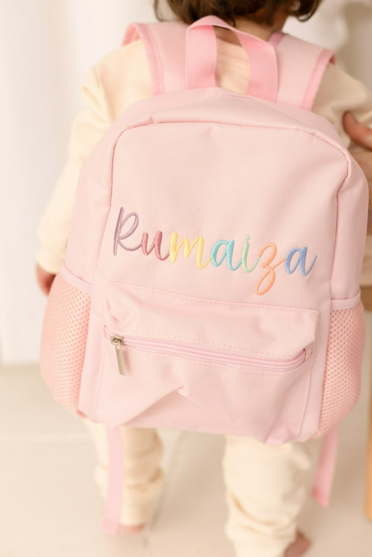 Personalised Rainbow italic Embroidered Rucksack - Perfect for nursery