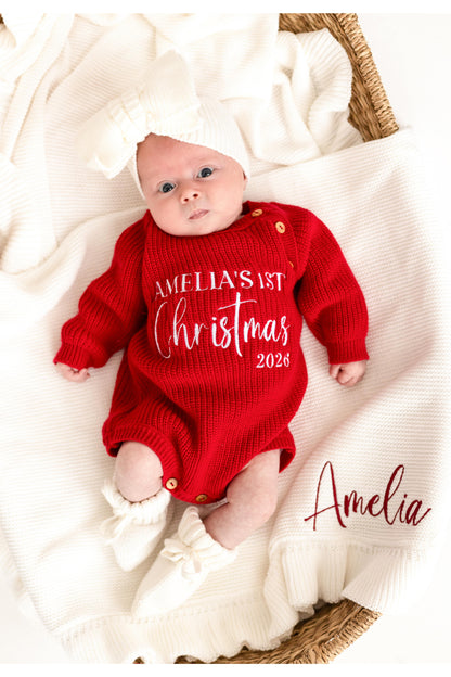 First Christmas 2026 Embroidered Personalised Knitted Romper